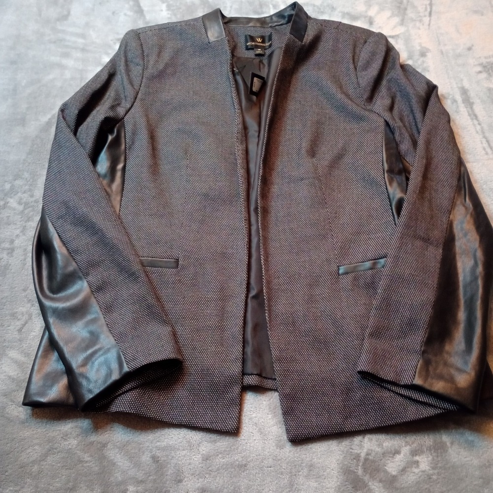 Worthington Blazer Birdseye Size 14 Black Faux Leather Accents Open Front Pocket